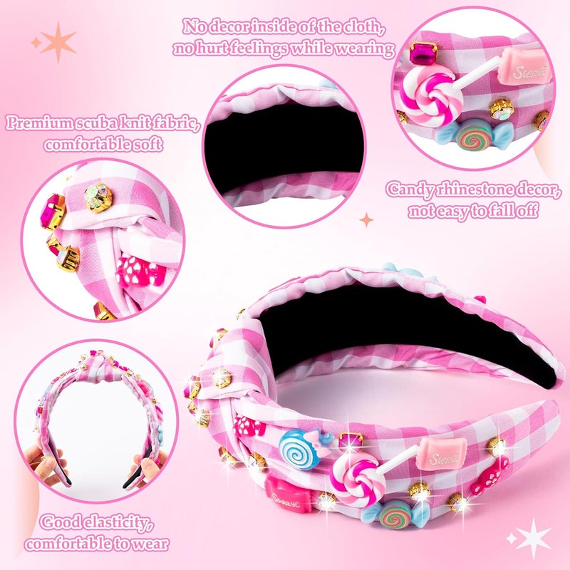 PANTIDE Candy Jeweled Knotted Headband - Christmas Sugar Lollipop Rhinestone Crystal Embellished Preppy Headband Wide Top Knot Hairband Hair Accessories Birthday Gift for Women Girls (Pink Plaid) - Image 3